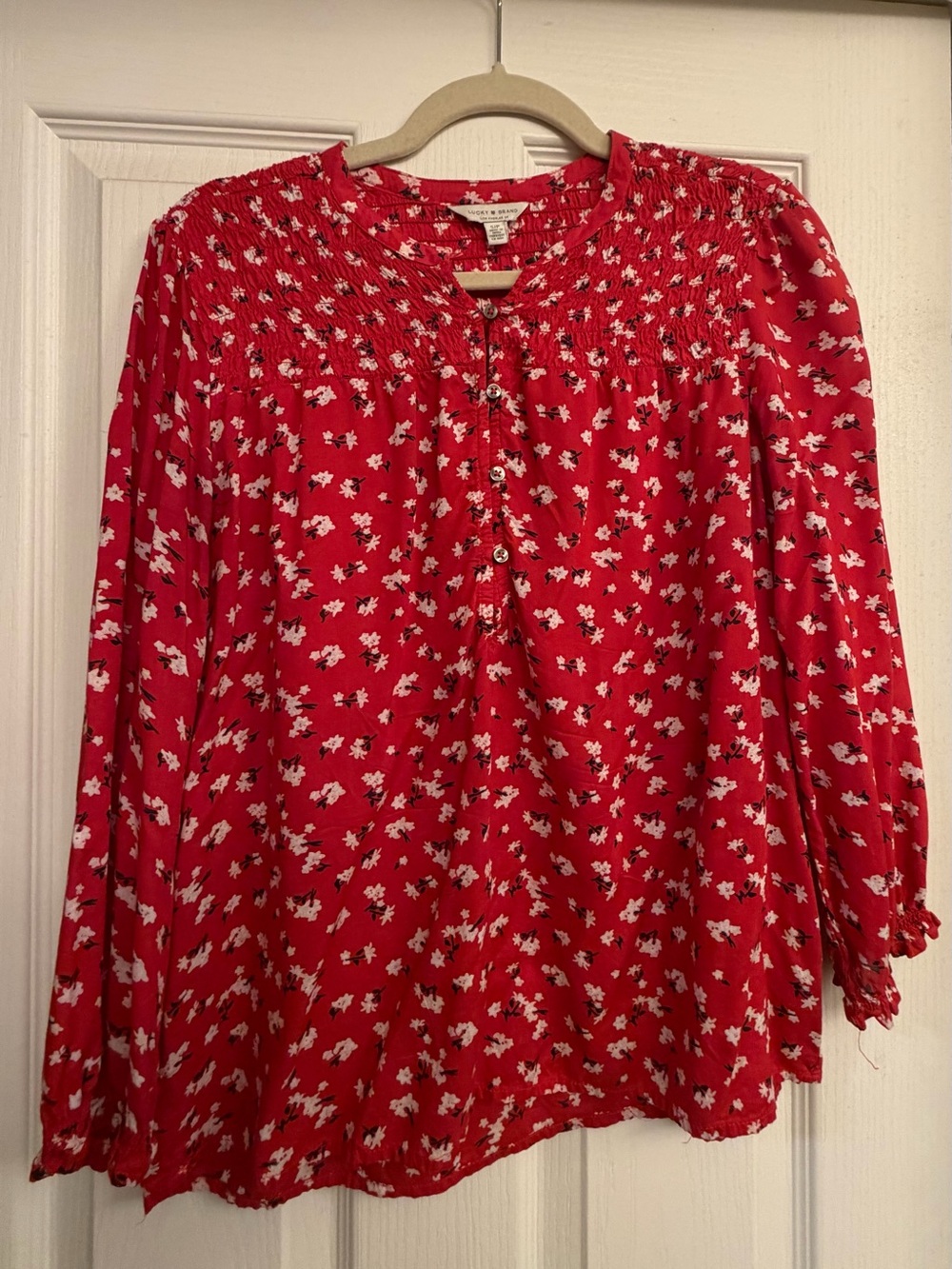 Lucky Brand Red Floral Smocked Yoke Blouse